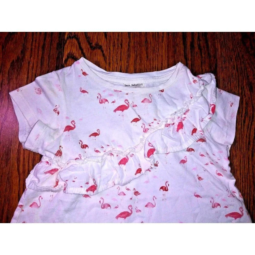 Zara Girl Dress pink Flamingo print baby Size 18/24 white with ruffle cap sleeve